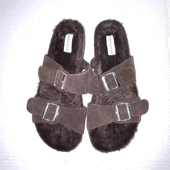 Royal Class Shoes Sz 10 Suede Leather Faux Fur Footbed Sandals Adjustable Brown - Picture 5 of 10
